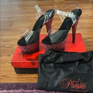 Clear Strap Platform Heels with ombré pink glitter